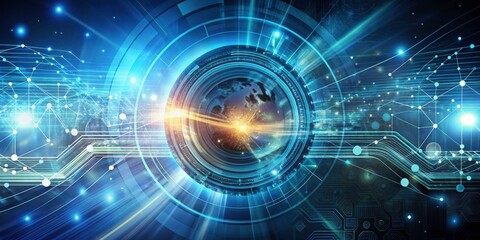 Futuristic Digital Network with Planet Overlay and Lens Effect