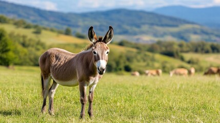 Donkey standing in grassy mountain pasture