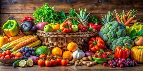 Fresh Organic Vegetables and Fruits in Wicker Basket on Wooden Table