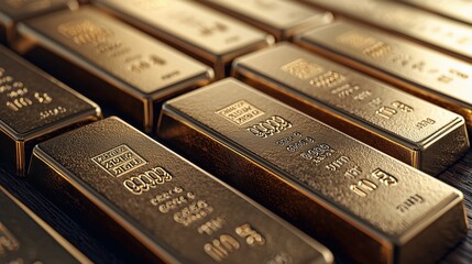 Glimmering Gold Bars Arranged Neatly on a Dark Wooden Surface, Reflecting Light in a Luxurious Display of Wealth and Prosperity