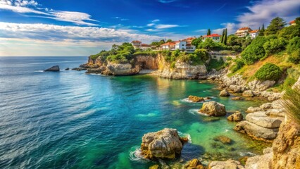 Obraz premium Serene Coastal Landscape with Beautiful Water and Rocky Shoreline