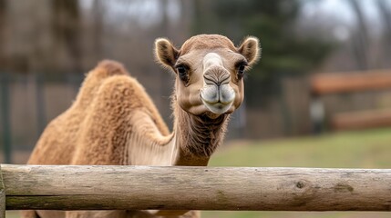 Obraz premium Dromedary camel gazing over park fence