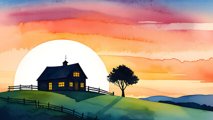 Fototapeta premium Charming Watercolor House and Tree on Hill at Sunset Illustration