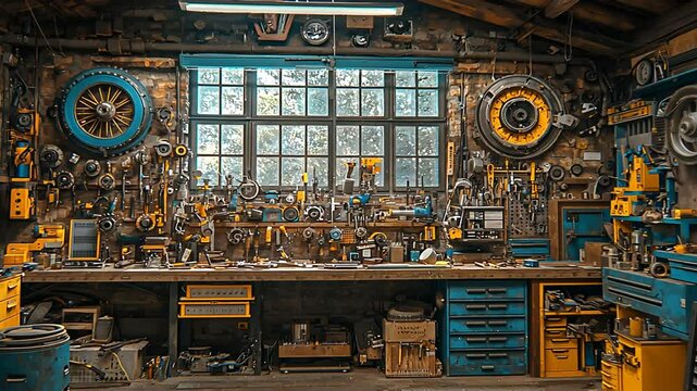 Rustic workshop filled with tools and parts