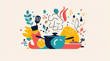 53.A colorful vector illustration pack of cooking-related items, including a steaming saucepan, a chefâ€™s hat, a cookbook, and a frying pan, with simple shapes and vibrant colors for a clean
