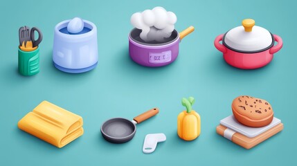 53.A colorful vector illustration pack of cooking-related items, including a steaming saucepan, a chef&acirc;&euro;&trade;s hat, a cookbook, and a frying pan, with simple shapes and vibrant colors for a clean