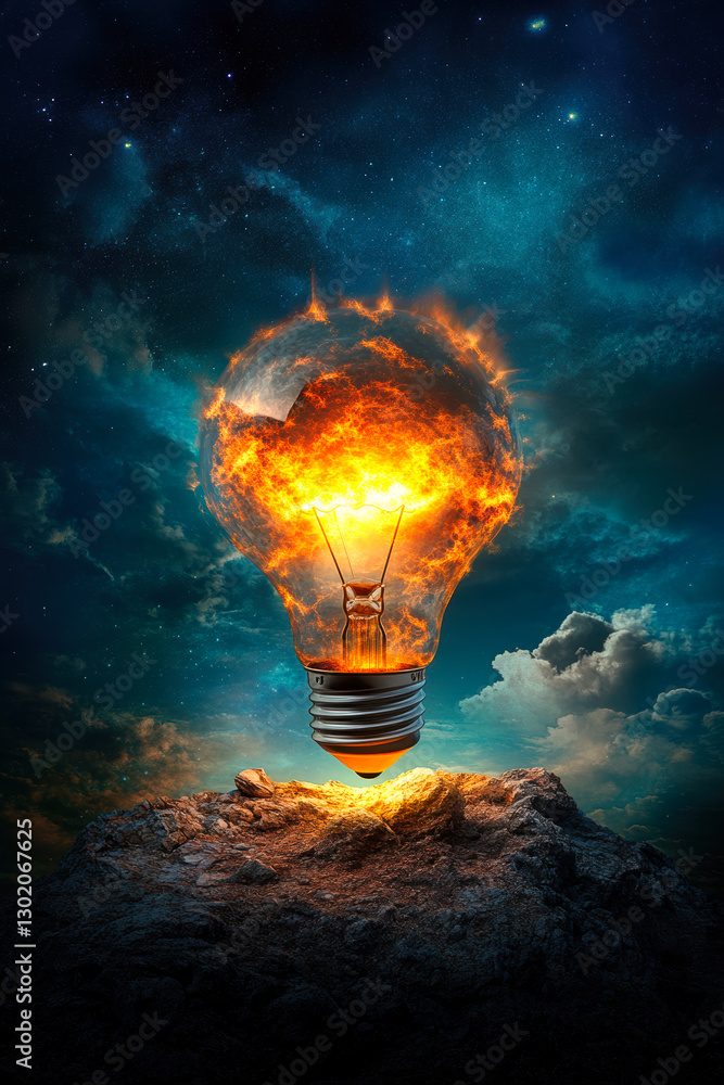 Poster a surreal image showcasing a light bulb erupting with flames against a cosmic backdrop, symbolizing 