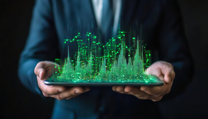 Obraz premium This dynamic image illustrates a professional presenting a digital tablet displaying vibrant green data visualizations, symbolizing the integration of technology