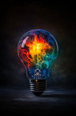 This captivating image features a glowing light bulb filled with vibrant colors and swirling flames, symbolizing creativity, inspiration, and the spark of innovative ideas.