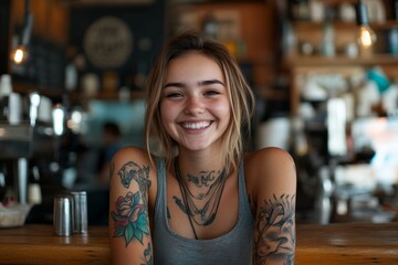 tattooed blonde haired female barista with beautiful face sitting at coffee shop table, beautiful and charming appearance, happy facial expression