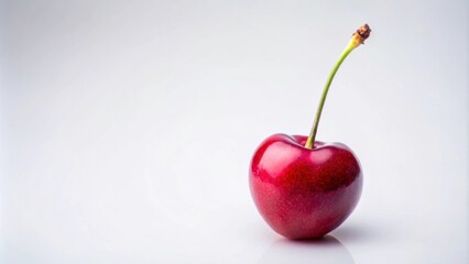 Single Fresh Red Cherry on Light Background with Green Stem