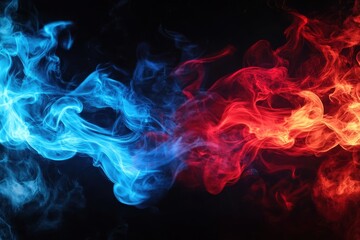 Swirling blue and red smoke intertwine on a dark backdrop