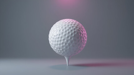 3D rendered white golf ball, soft pink lighting from above, detailed dimples, floating in mid-air over a gray backdrop. Golf ball in mid-air, 3D realism, pink light