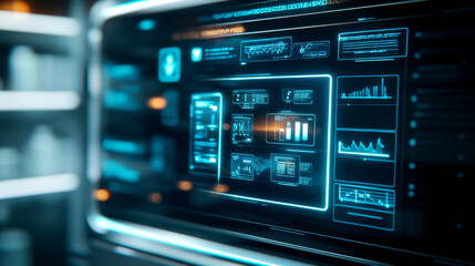 Obraz premium A futuristic digital interface with glowing graphs and data metrics displayed on a sleek panel.
