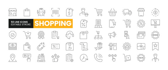 Set of 50 Shopping line icons set. Shopping outline icons with editable stroke collection. Includes E-Commerce, Stores, Malls, Products, Customers, and more.