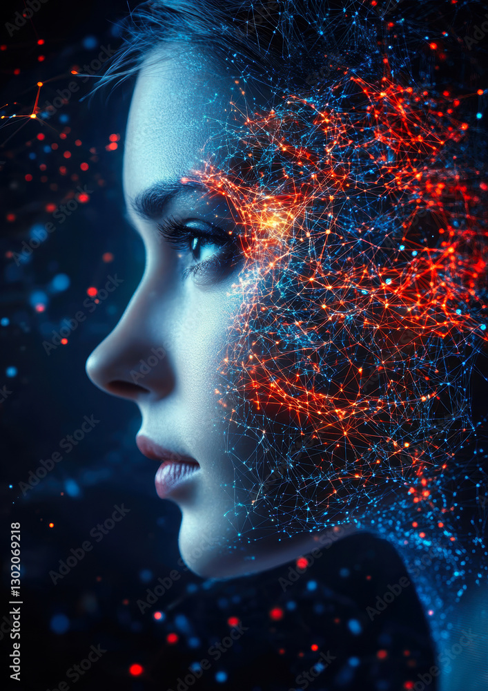 Poster a captivating profile of a woman merging with digital networks, symbolizing the intersection of huma