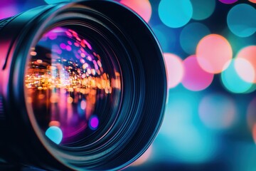 Camera lens reflects vibrant cityscape lights and blurred bokeh