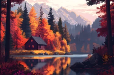 Fototapeten Autumn Cabin Lakeside Mountain Forest Scene © paper later