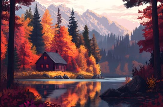 Autumn Cabin Lakeside Mountain Forest Scene