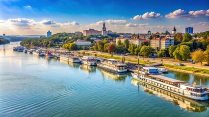 Fototapeta premium Scenic Riverfront View with Boat Docks and City Skyline in Spring