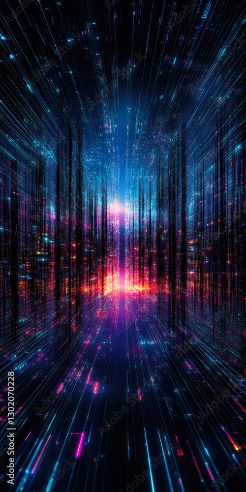 Poster explore a mesmerizing digital landscape, where vibrant colors and glowing particles create a breatht
