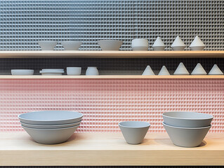 Modern minimalist kitchen display featuring various ceramic bowls and dishes on wooden shelves