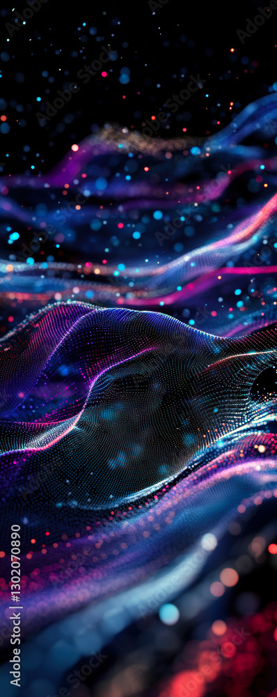 Poster dive into a mesmerizing digital landscape filled with vibrant colors and shimmering particles, creat