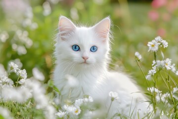 Beautiful White Kitten with Blue Eyes Sitting in a Field of Flowers, Adorable Pet Portrait