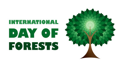 International Day of Forest minimalist vector art with a lush green tree standing tall against a white backdrop. Global Forest Day awareness campaigns.