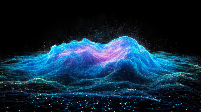 A mesmerizing digital wave formation glows with vibrant colors, showcasing an enchanting interplay of lights and textures against a dark background, evoking a sense of wonder and infinity.