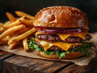 Juicy double cheeseburger with fries on wooden board.