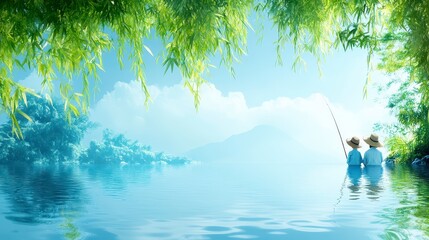 Two Figures Seated On Calm Water Surface With Lush Green Foliage