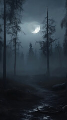 Fototapeta premium Mysterious moonlit forest path shrouded in fog with towering trees and a serene atmosphere