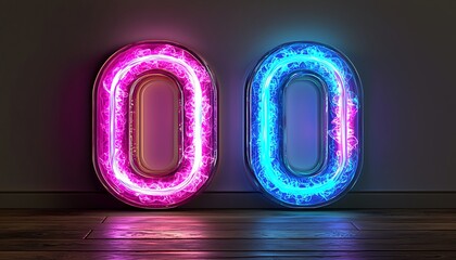 Glowing Neon Numbers on Wood Floor