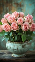 Pink roses in vase, rustic background