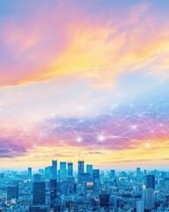 Fototapeta premium Urban skyline at sunset with vibrant colors and digital network overlay.