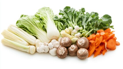 74.A vibrant arrangement of mixed vegetables for shabu hot pot, including bok choy, napa cabbage, shiitake mushrooms, enoki mushrooms, baby corn, and carrot slices, all displayed on a clean white