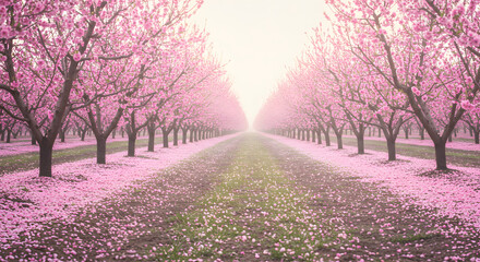 Naklejka premium Beautiful pink blossom trees in a spring orchard pathway row soft mist on transparent background