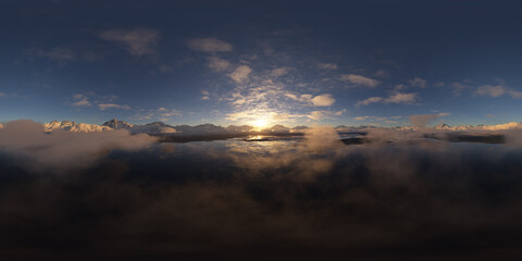 360 Degree Panoramic View of Majestic Mountains and Clouds at Sunset
