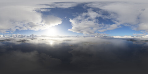 Panoramic View of Snowy Mountains and Clouds Over a Serene Lake