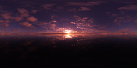 Stunning 360-Degree Sunset Panorama with Vibrant Clouds and Reflections