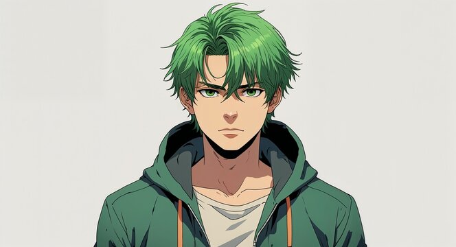 serious portrait green hair guy on white plain background anime retro cartoon illustration