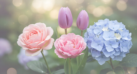 Beautiful pastel pink roses tulips and light blue hydrangea flowers on transparent background art