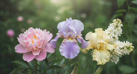 Obraz premium Beautiful spring garden with pink peony iris and lilac flowers day soft on transparent background