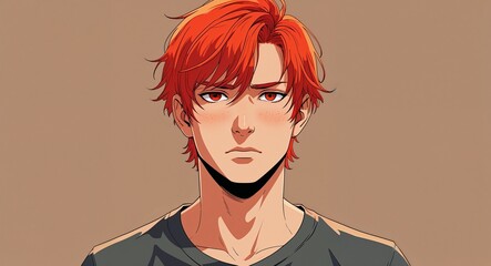 serious portrait red hair guy on brown plain background anime retro cartoon illustration