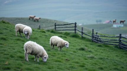 Fototapeta premium Flock of sheep grazing on a lush green hillside, with wooden fences and rolling hills in the background.
