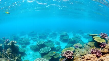Fototapeta premium Vibrant underwater coral reef teeming with diverse marine life, featuring colorful corals and crystal-clear blue ocean water, highlighting the beauty of aquatic ecosystems