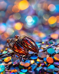Close-Up of Elegant Orange Jewelry on Colorful Glitter Background with Bokeh Effect and Sparkling Highlights