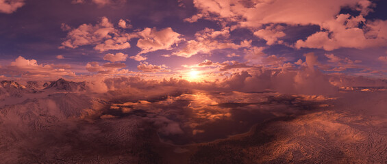 Fototapeta premium Breathtaking Sunset Over Mountain Range with Epic Clouds in a 3D Rendering