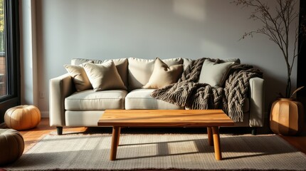 Comfortable living room scene featuring a sofa with throw pillows, a blanket, and a wooden coffee table.